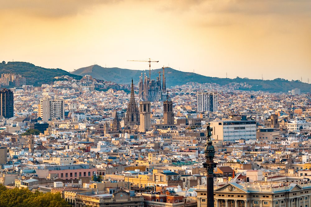 Barcelona skyline at golden hour with Sagrada Familia